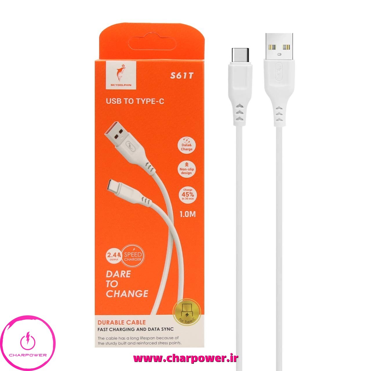  خرید کابل شارژ USB به Type-C طول 100 سانتی متر اسکای دلفین Sky Dolphin مدل S61t جریان 2.4 آمپر 