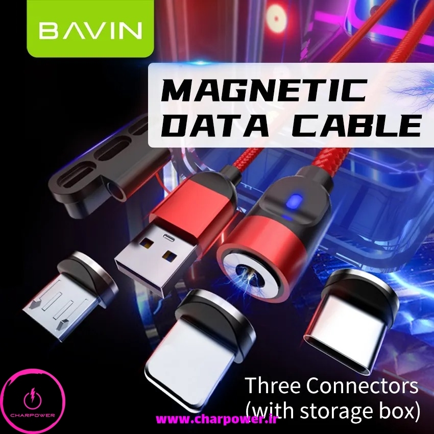  خرید کابل شارژ مگنتی USB-A به Type-C/Lightning/MicroUSB طول 100 سانتی متر باوین Bavin مدل CB173 