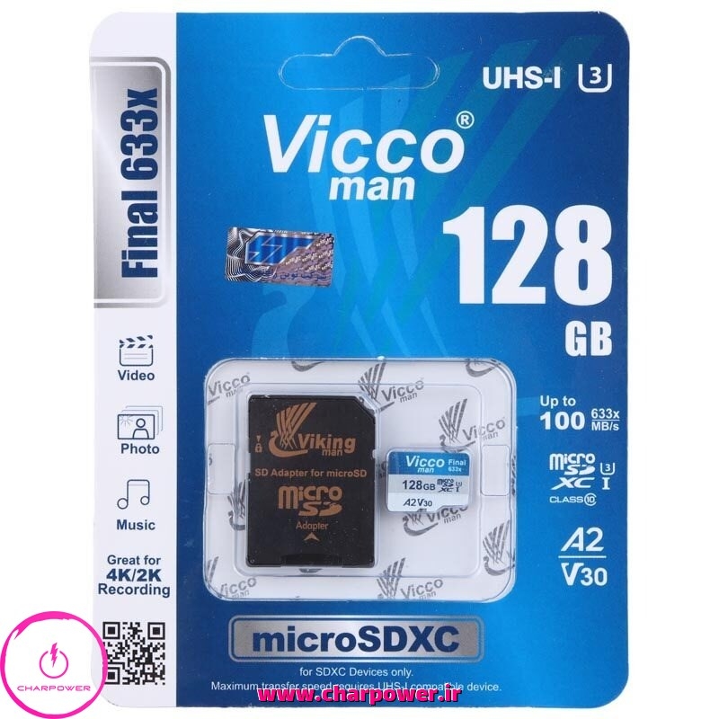  کارت حافظه، رم میکرو MicroSDHC ویکومن Viccoman کلاس 10 استاندارد UHS-I U3 سرعت 100MB/s ظرفیت 128 گیگ + آداپتور 