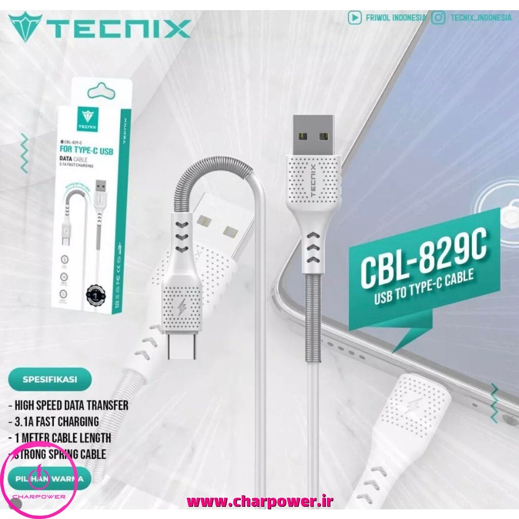 قیمت کابل شارژ USB-A به Type-C طول 1 متر تکنیکس Tecnix مدل CBL-829-C جریان 3.1 آمپر 