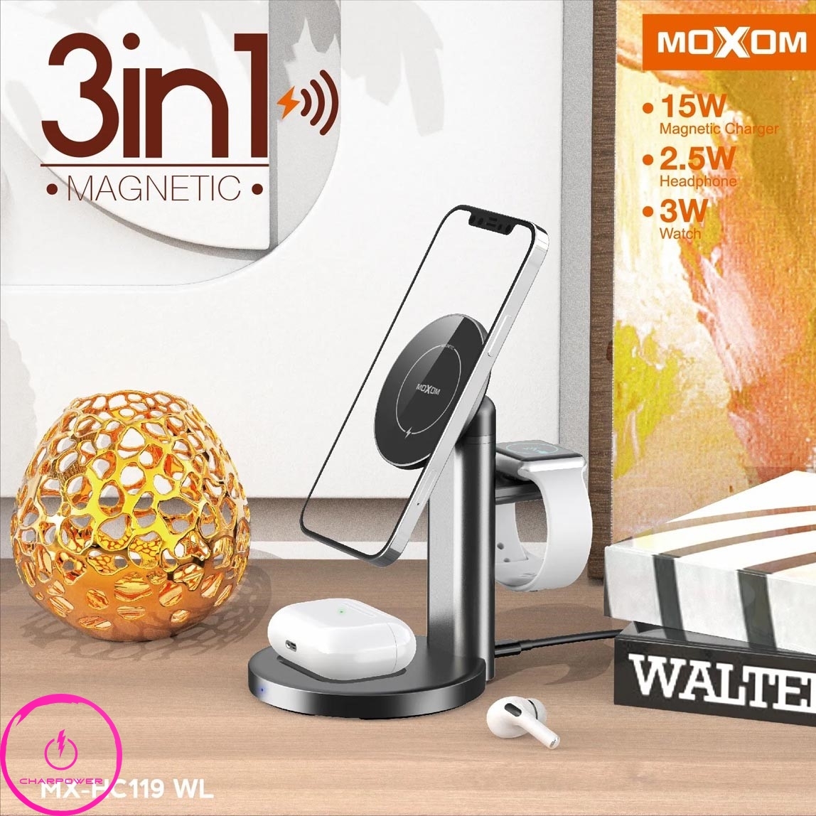  فروش شارژر بی سیم چندکاره موکسوم Moxom مدل MX-HC119 WL توان 15W 