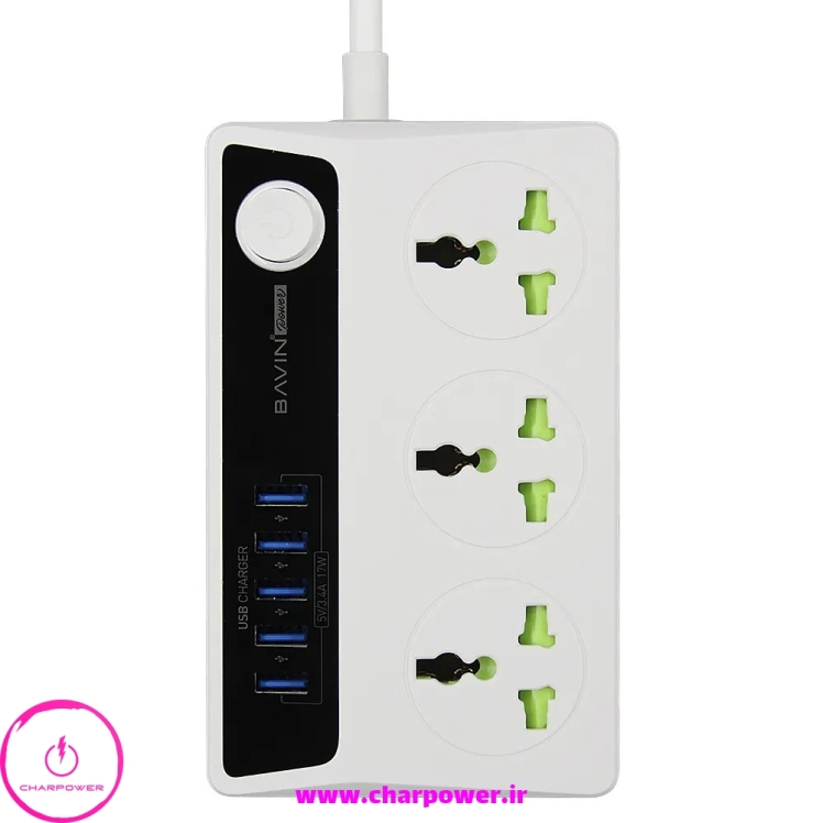 چند راهی، محافظ برق و شارژر USB باوین Bavin مدل PC512 توان 2500 وات
