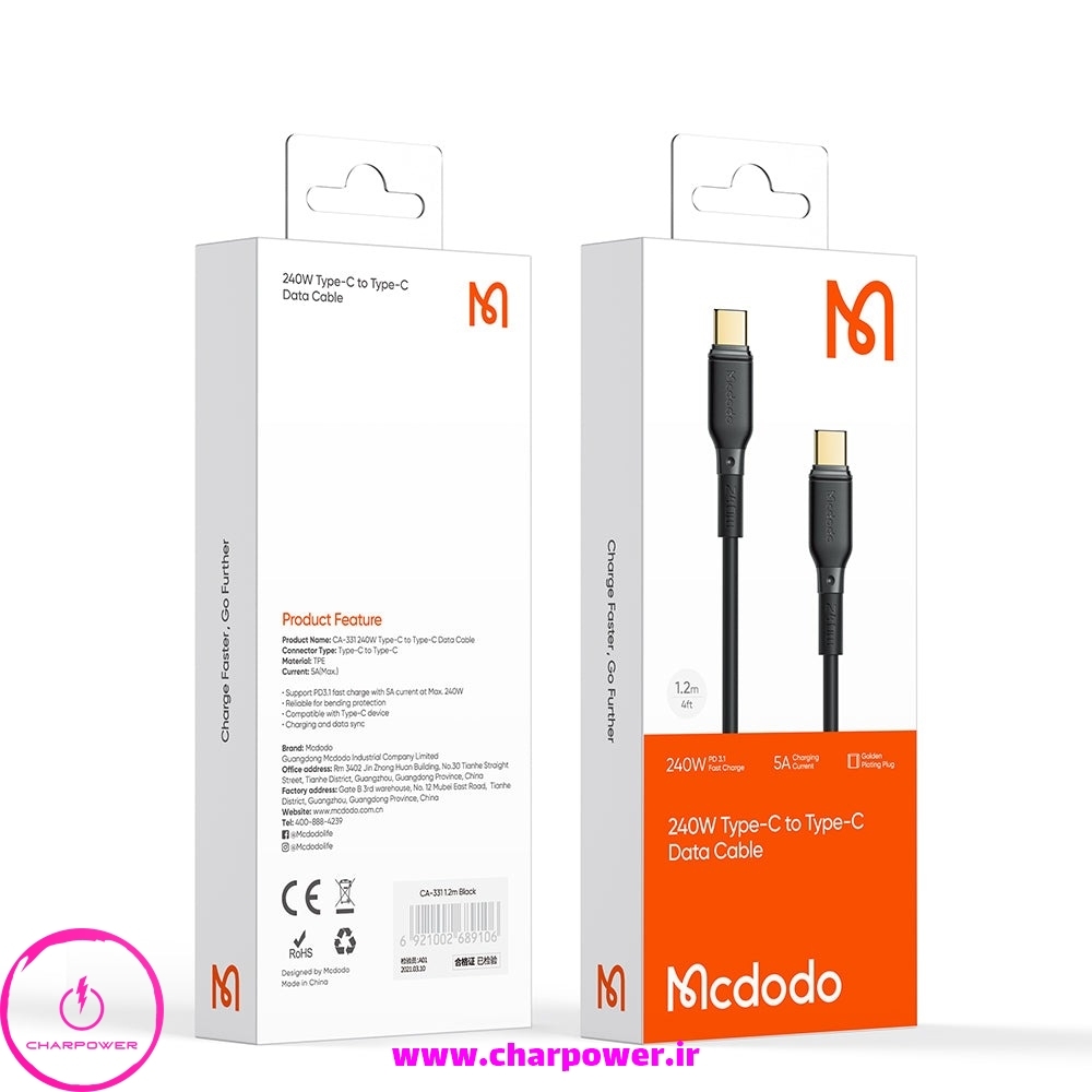  کابل شارژ Type-C به Type-C طول 1.2 متر مک دودو Mcdodo مدل CA-331 توان 240 وات چارپاور 