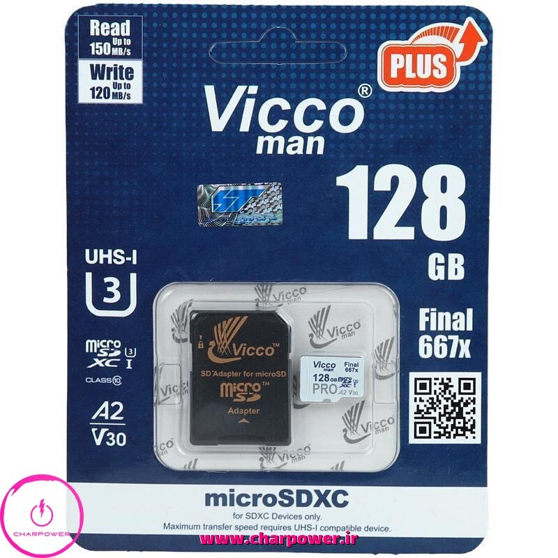  کارت حافظه، رم میکرو MicroSDHC ویکومن Viccoman کلاس 10 استاندارد UHS-I U3 سرعت 150MB/s ظرفیت 128 گیگ + آداپتور 