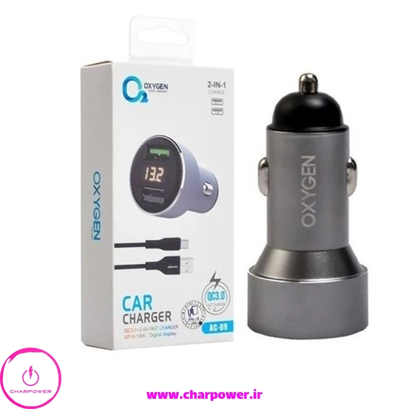  فروش شارژر فندکی فست شارژ اکسیژن Oxygen مدل ac-09 توان 18 وات 