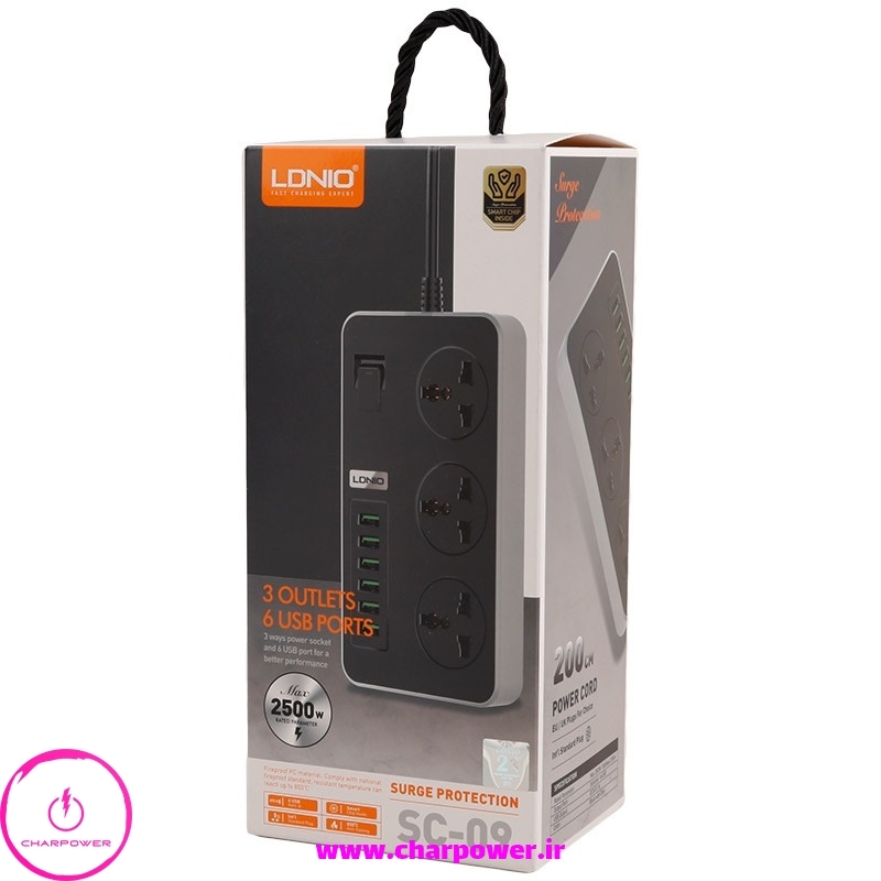  فروش چند راهی، محافظ برق و شارژر USB الدینیو LDNIO مدل SC-09 توان 2500 وات 