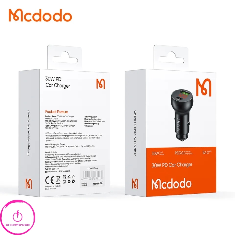  خرید شارژر فندکی فست شارژ مک دودو Mcdodo مدل CC-6810 توان 30 وات 